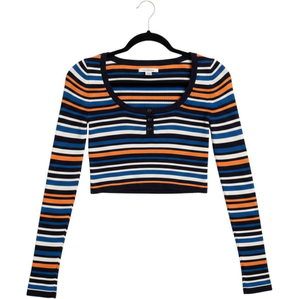 American Eagle Striped Henley Crop Sweater Navy Orange White Blue Small